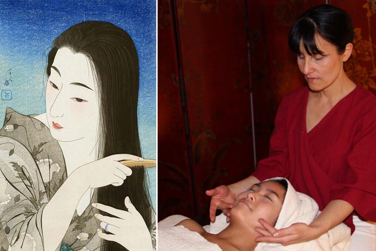 Estampe japonaise et Hélène Scardina pratiquant le massage Kobido du visage
