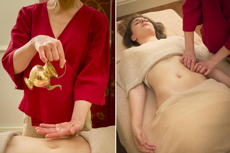 Préparation de l’huile et massage manuel de l’abdomen lors de la cure minceur